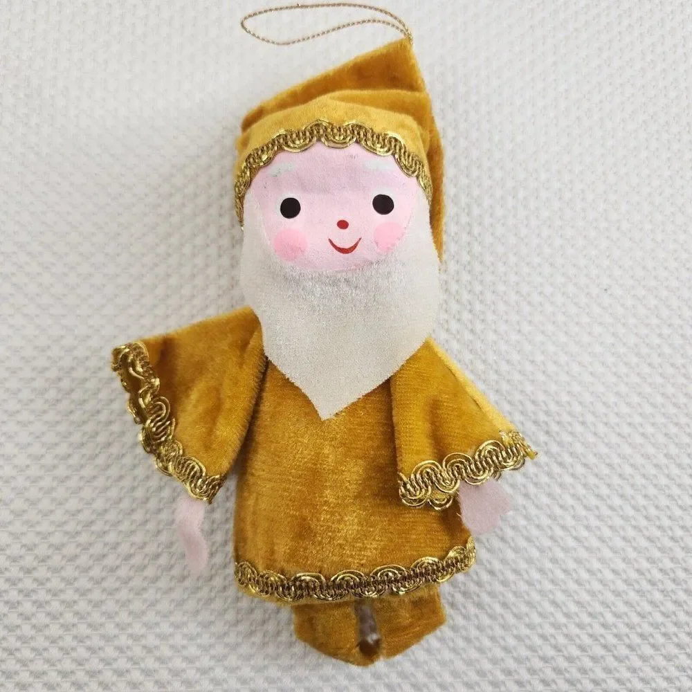 Vintage Mid Century Gold Felt Elf Santa Ornament Japan Mr Christmas